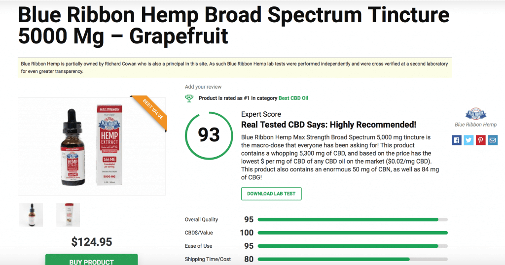 Blue Ribbon Hemp Broad Spectrum Tincture 5000 Mg - Grapefruit