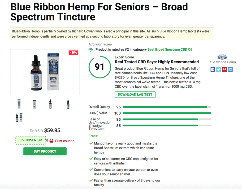 Blue Ribbon Hemp For Seniors - Broad Spectrum Tincture