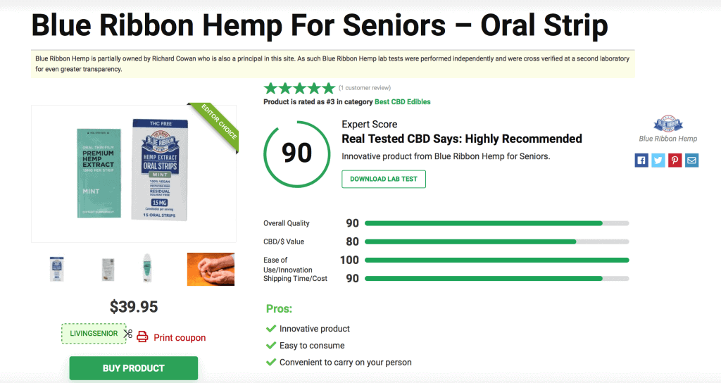 Blue Ribbon Hemp For Seniors - Oral Strip