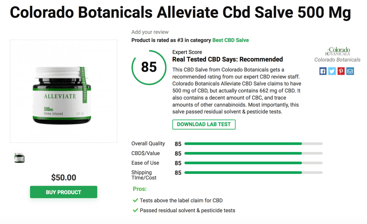 Colorado Botanicals Alleviate CBD Salve 500 Mg