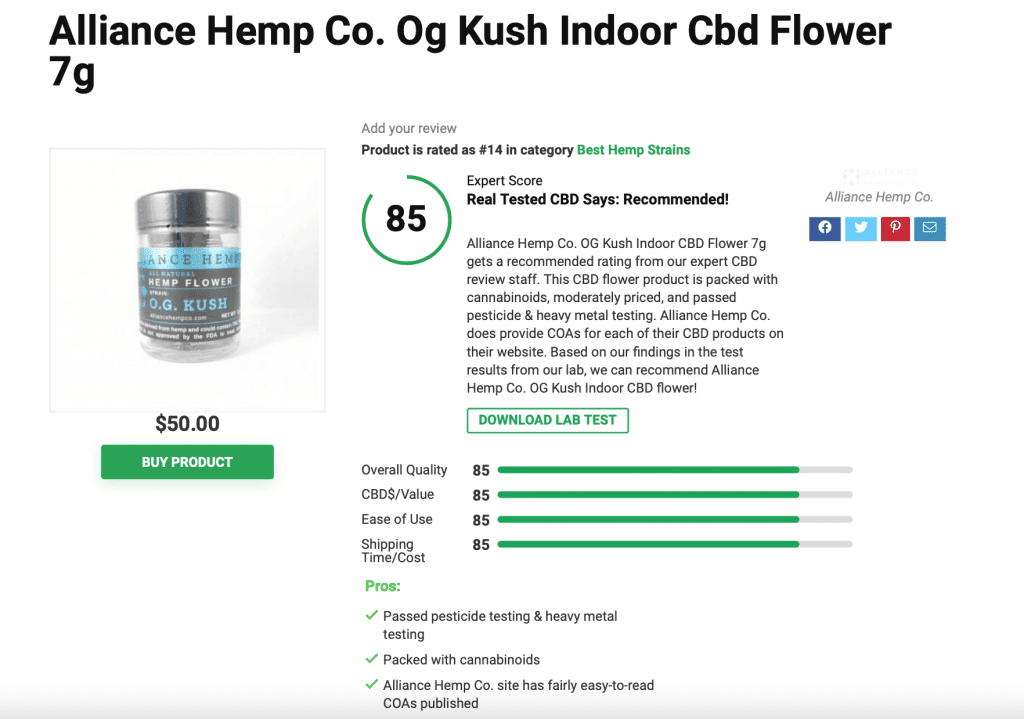 Alliance Hemp Co. Og Kush Indoor Cbd Flower 7g