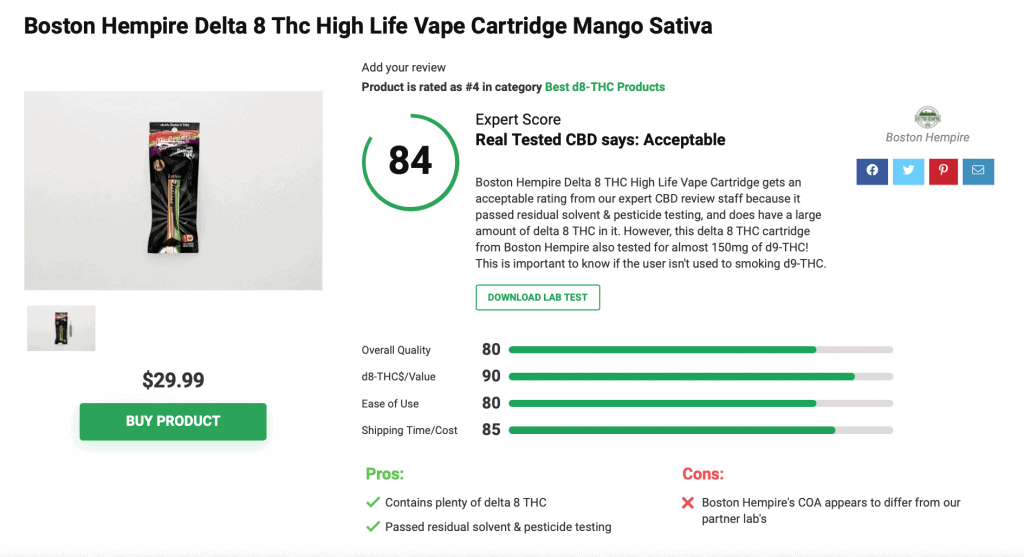 Boston Hempire Delta 8 Thc High Life Vape Cartridge Mango Sativa