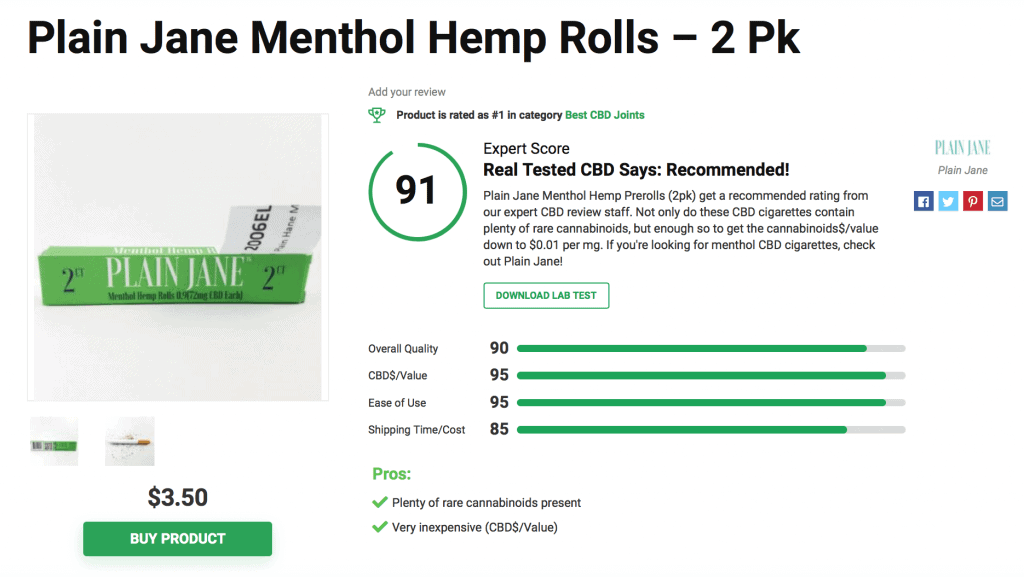 Plain Jane Menthol Hemp Rolls - 2 Pk