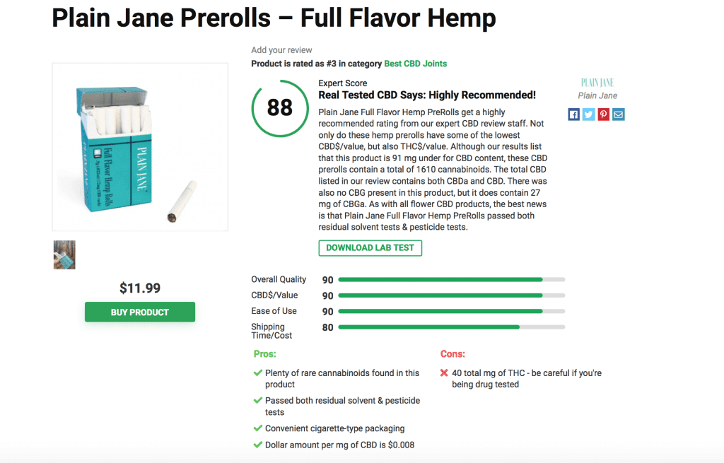 Plain Jane Prerolls - Full Flavor Hemp