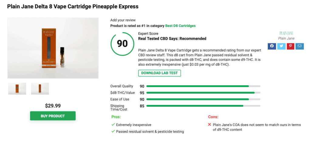 Plain Jane Delta 8 Vape Cartridge – Pineapple Express