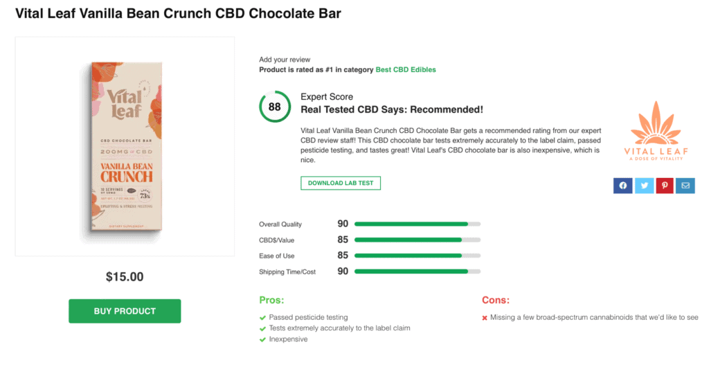 Vital Leaf Vanilla Bean Crunch CBD Chocolate Bar