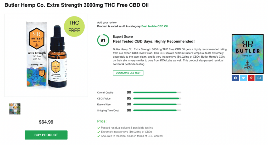 Butler Hemp Co. Extra Strength 3000mg THC-Free CBD Oil 